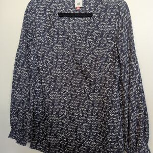 Cabi Navy and White Script Blouse